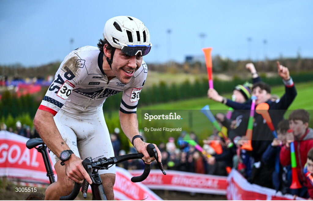 1 December 2024; Curtis White of USA during the Men's Elite race at the UCI Cyclo-cross World Cup on the Sport Ireland Campus in Dublin. Photo by David Fitzgerald/Sportsfile