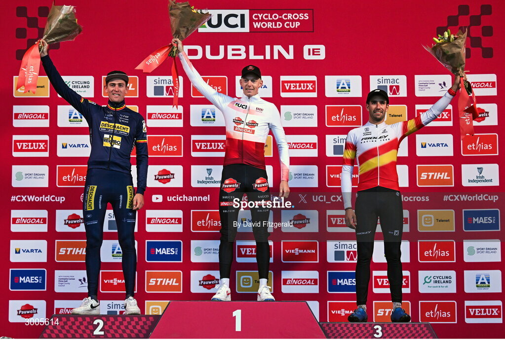 1 December 2024; On the podium after the Men's elite race are, race winner Michael Vanthourenhout of Belgium, centre, second place Toon Aerts of Belgium, and third place Felipe Orts Lloret of Spain at the UCI Cyclo-cross World Cup on the Sport Ireland Campus in Dublin. Photo by David Fitzgerald/Sportsfile