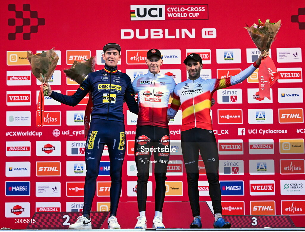 1 December 2024; On the podium after the Men's elite race are, race winner Michael Vanthourenhout of Belgium, centre, second place Toon Aerts of Belgium, and third place Felipe Orts Lloret of Spain at the UCI Cyclo-cross World Cup on the Sport Ireland Campus in Dublin. Photo by David Fitzgerald/Sportsfile
