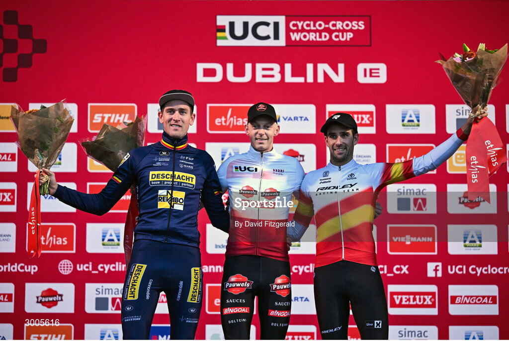 1 December 2024; On the podium after the Men's Elite race, race winner Michael Vanthourenhout of Belgium, centre, second place Toon Aerts of Belgium, left, and third place Felipe Orts of Spain at the UCI Cyclo-cross World Cup on the Sport Ireland Campus in Dublin. Photo by David Fitzgerald/Sportsfile