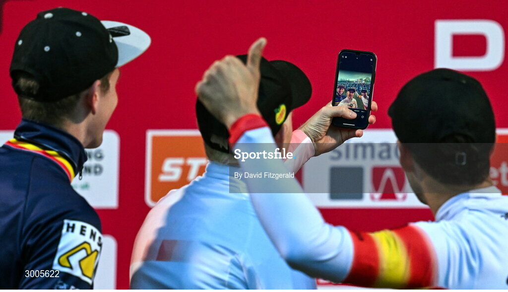 1 December 2024; On the podium after the Men's elite race are, race winner Michael Vanthourenhout of Belgium, centre, second place Toon Aerts of Belgium, left, and third place Felipe Orts Lloret of Spain at the UCI Cyclo-cross World Cup on the Sport Ireland Campus in Dublin. Photo by David Fitzgerald/Sportsfile