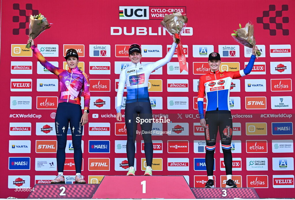 1 December 2024; On the podium after the Women's Elite race are the Under 23 riders, first place Zoe Backstedt, centre, second place Marie Schreiber, left, and third place Leonie Bentveld at the UCI Cyclo-cross World Cup on the Sport Ireland Campus in Dublin. Photo by David Fitzgerald/Sportsfile