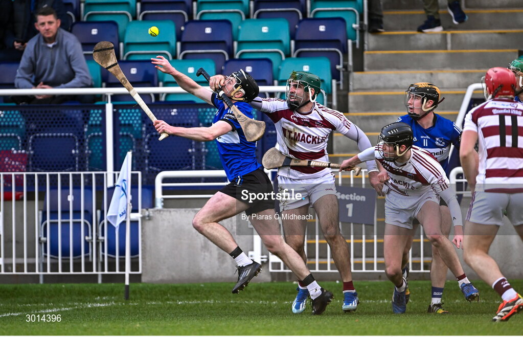 15 December 2024; Jack O'Connor of Slaughtneil in action against Seán Cassidy of Slaughtneil during the AIB GAA Hurling All-Ireland Senior Club Championship semi-final match between Sarsfields of Cork and Slaughtneil of Derry at Cedral St Conleth's Park in Newbridge, Kildare. Photo by Piaras Ó Mídheach/Sportsfile