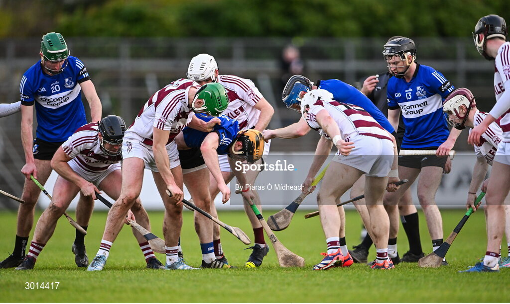 15 December 2024; Players contest possession during the AIB GAA Hurling All-Ireland Senior Club Championship semi-final match between Sarsfields of Cork and Slaughtneil of Derry at Cedral St Conleth's Park in Newbridge, Kildare. Photo by Piaras Ó Mídheach/Sportsfile