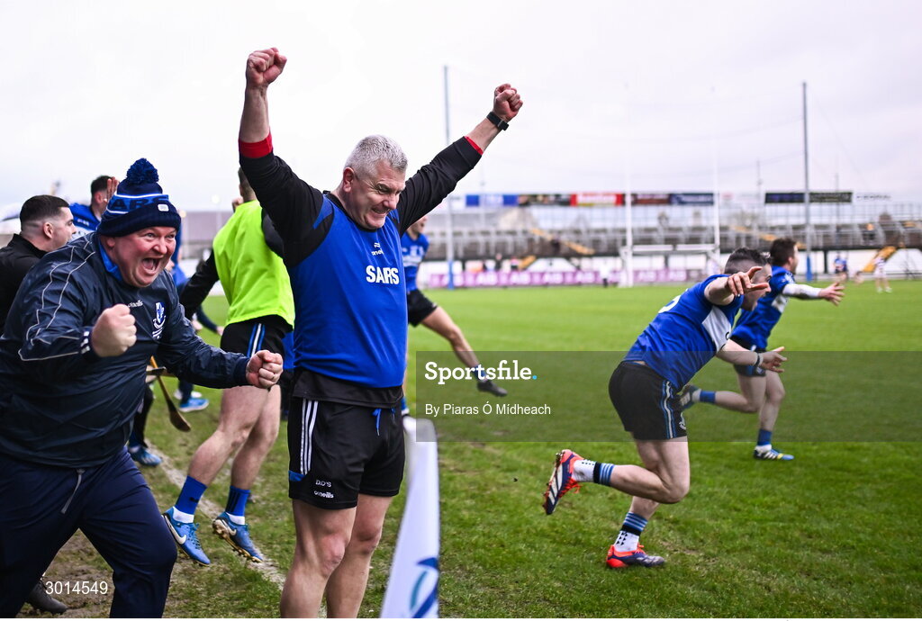 15 December 2024; Sarsfields selector Diarmuid O'Sullivan reacts after his side's victory in the AIB GAA Hurling All-Ireland Senior Club Championship semi-final match between Sarsfields of Cork and Slaughtneil of Derry at Cedral St Conleth's Park in Newbridge, Kildare. Photo by Piaras Ó Mídheach/Sportsfile