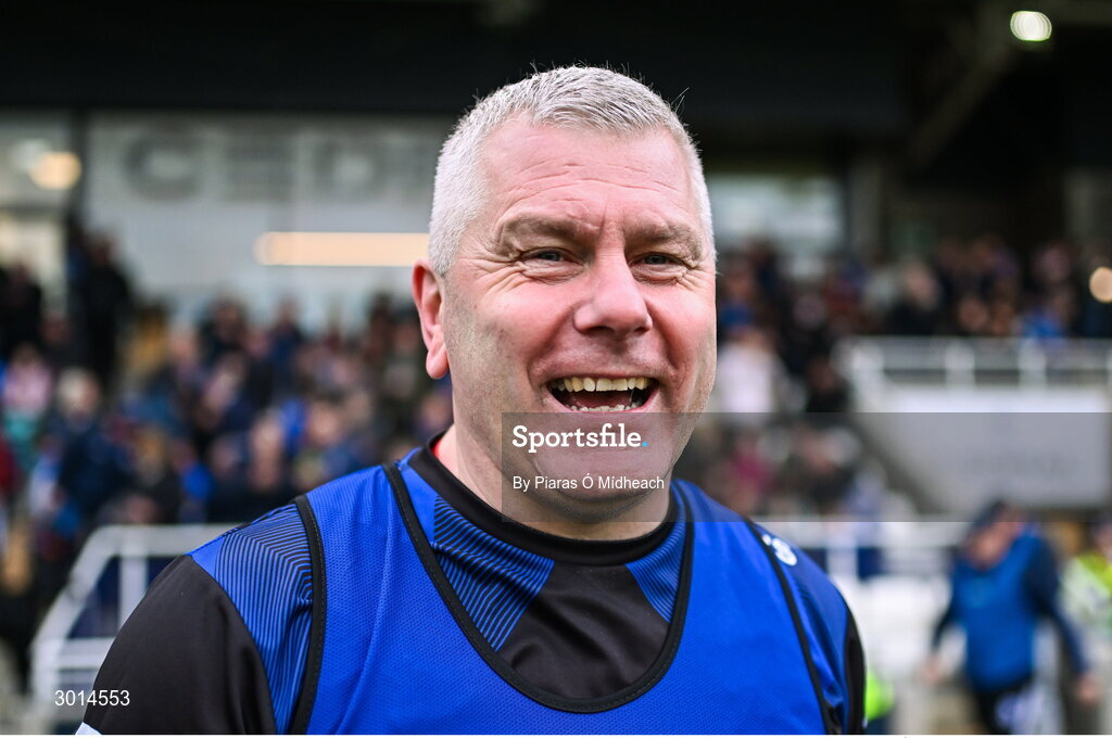 15 December 2024; Sarsfields selector Diarmuid O'Sullivan reacts after his side's victory in the AIB GAA Hurling All-Ireland Senior Club Championship semi-final match between Sarsfields of Cork and Slaughtneil of Derry at Cedral St Conleth's Park in Newbridge, Kildare. Photo by Piaras Ó Mídheach/Sportsfile