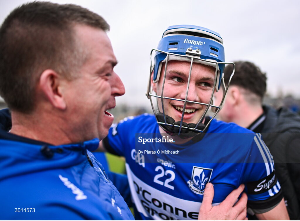 15 December 2024; Cathal McCarthy of Sarsfields celebrates after his side's victory in the AIB GAA Hurling All-Ireland Senior Club Championship semi-final match between Sarsfields of Cork and Slaughtneil of Derry at Cedral St Conleth's Park in Newbridge, Kildare. Photo by Piaras Ó Mídheach/Sportsfile