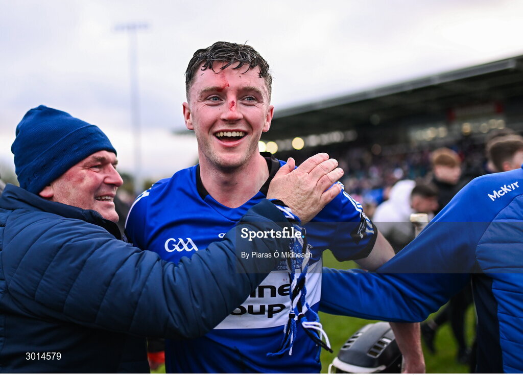 15 December 2024; Jack O'Connor of Sarsfields celebrates after his side's victory in the AIB GAA Hurling All-Ireland Senior Club Championship semi-final match between Sarsfields of Cork and Slaughtneil of Derry at Cedral St Conleth's Park in Newbridge, Kildare. Photo by Piaras Ó Mídheach/Sportsfile