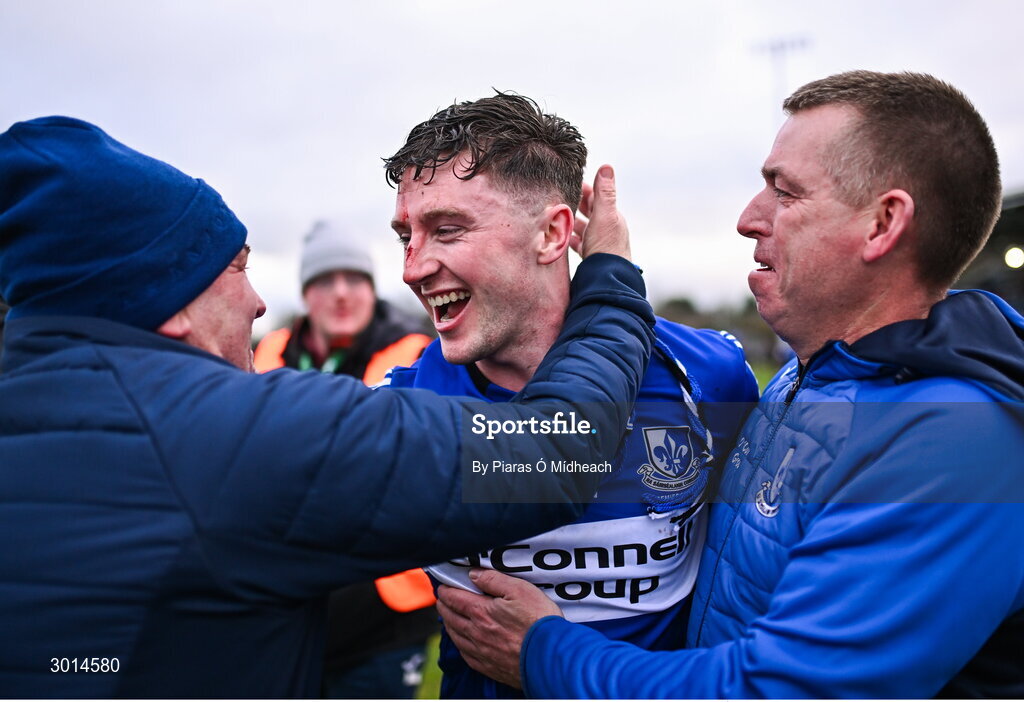 15 December 2024; Jack O'Connor of Sarsfields celebrates with supporters after his side's victory in the AIB GAA Hurling All-Ireland Senior Club Championship semi-final match between Sarsfields of Cork and Slaughtneil of Derry at Cedral St Conleth's Park in Newbridge, Kildare. Photo by Piaras Ó Mídheach/Sportsfile