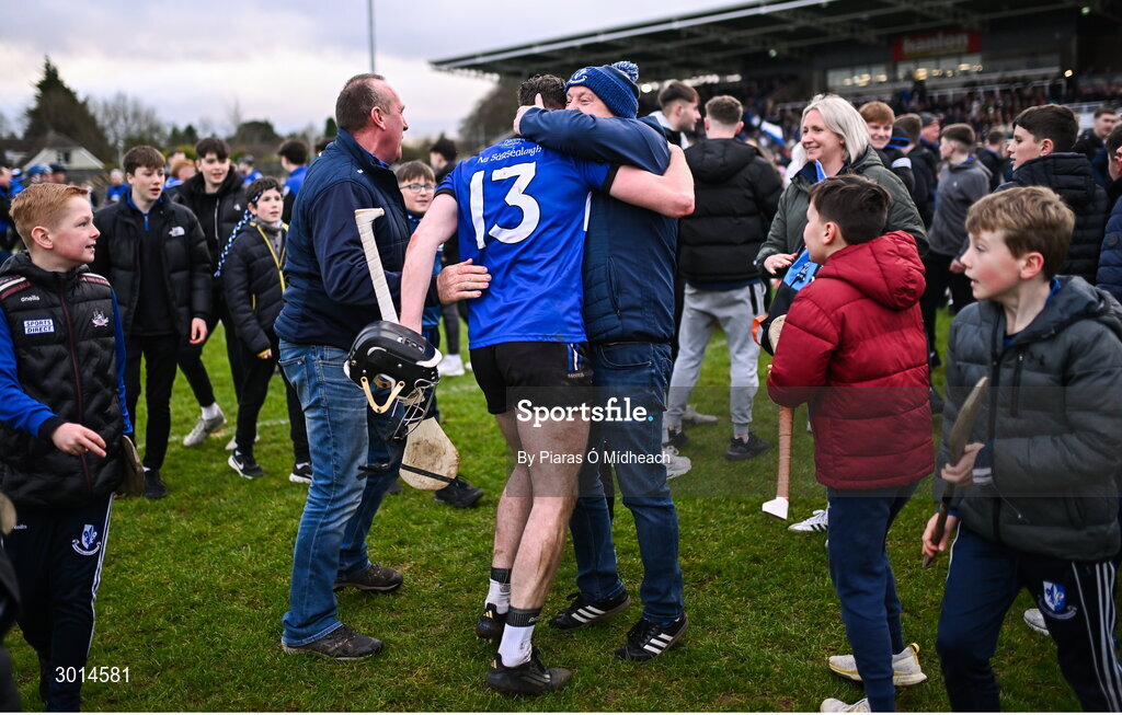 15 December 2024; Jack O'Connor of Sarsfields celebrates with supporters after his side's victory in the AIB GAA Hurling All-Ireland Senior Club Championship semi-final match between Sarsfields of Cork and Slaughtneil of Derry at Cedral St Conleth's Park in Newbridge, Kildare. Photo by Piaras Ó Mídheach/Sportsfile