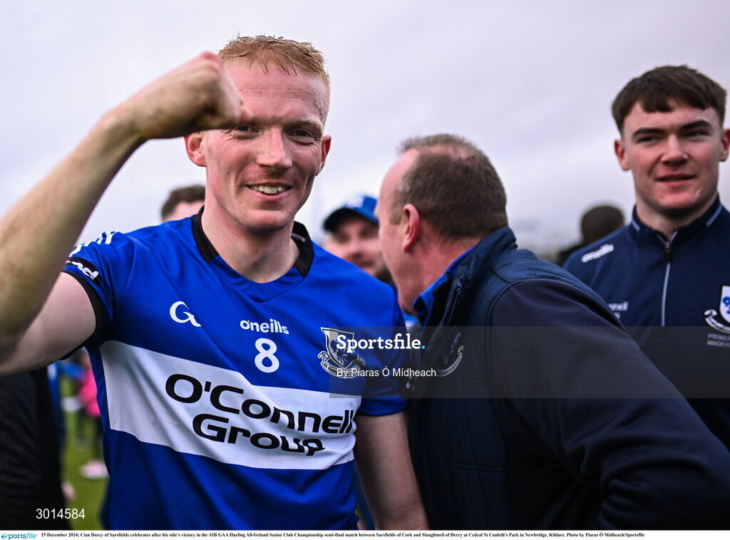 15 December 2024; Cian Darcy of Sarsfields celebrates after his side's victory in the AIB GAA Hurling All-Ireland Senior Club Championship semi-final match between Sarsfields of Cork and Slaughtneil of Derry at Cedral St Conleth's Park in Newbridge, Kildare. Photo by Piaras Ó Mídheach/Sportsfile