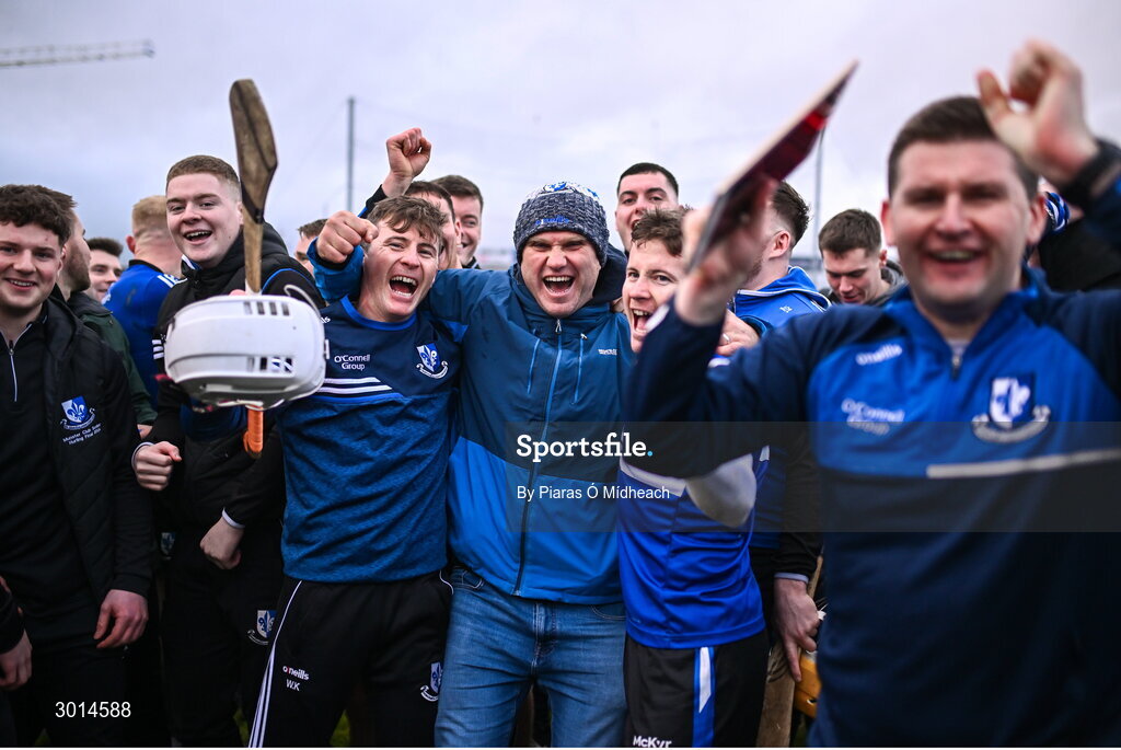15 December 2024; Sarsfields players and supporters celebrate after their side's victory in the AIB GAA Hurling All-Ireland Senior Club Championship semi-final match between Sarsfields of Cork and Slaughtneil of Derry at Cedral St Conleth's Park in Newbridge, Kildare. Photo by Piaras Ó Mídheach/Sportsfile
