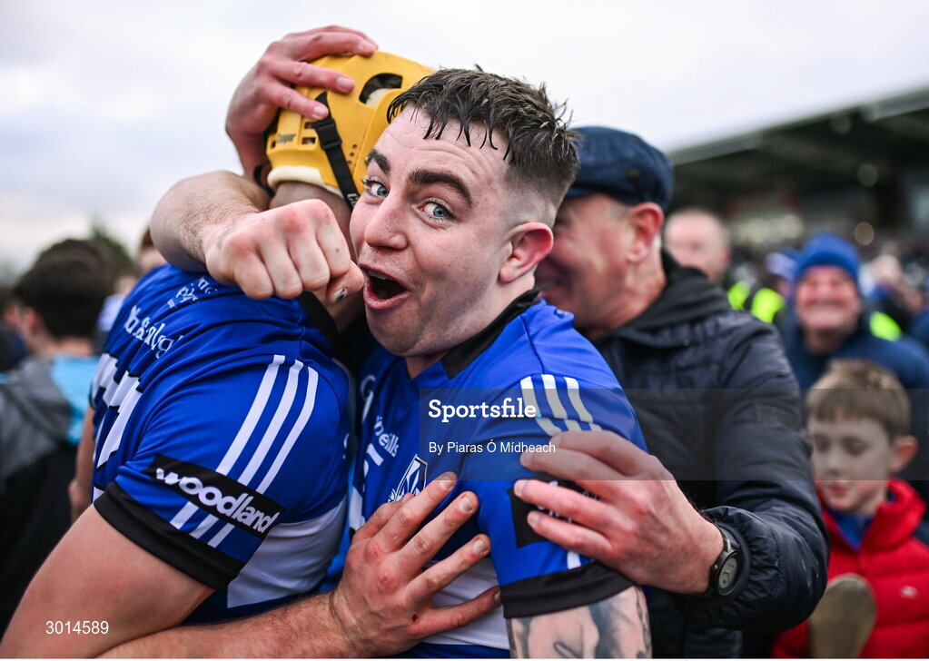 15 December 2024; Sarsfields players Shane O'Regan and Aaron Myres celebrate after their side's victory in the AIB GAA Hurling All-Ireland Senior Club Championship semi-final match between Sarsfields of Cork and Slaughtneil of Derry at Cedral St Conleth's Park in Newbridge, Kildare. Photo by Piaras Ó Mídheach/Sportsfile