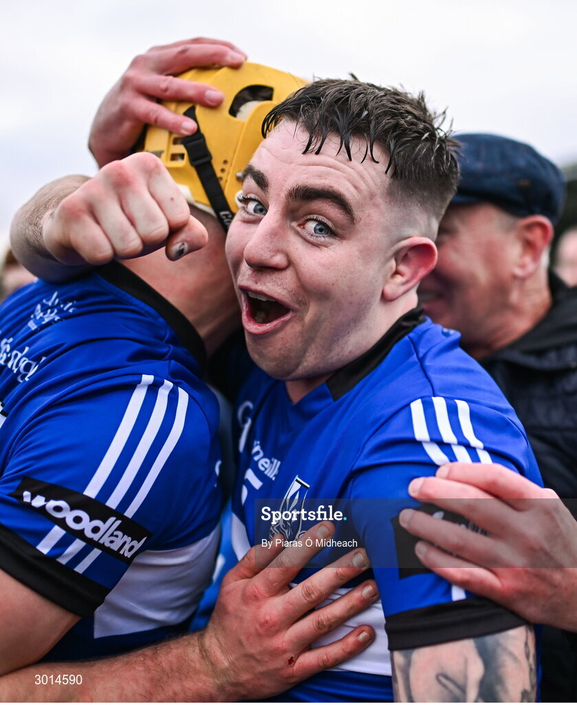 15 December 2024; Sarsfields players Shane O'Regan and Aaron Myres celebrate after their side's victory in the AIB GAA Hurling All-Ireland Senior Club Championship semi-final match between Sarsfields of Cork and Slaughtneil of Derry at Cedral St Conleth's Park in Newbridge, Kildare. Photo by Piaras Ó Mídheach/Sportsfile