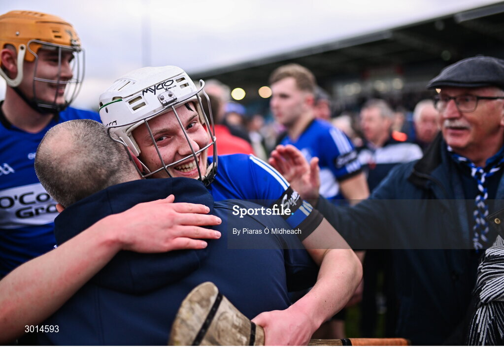 15 December 2024; Colm McCarthy of Sarsfields celebrates with supporters after his side's victory the AIB GAA Hurling All-Ireland Senior Club Championship semi-final match between Sarsfields of Cork and Slaughtneil of Derry at Cedral St Conleth's Park in Newbridge, Kildare. Photo by Piaras Ó Mídheach/Sportsfile
