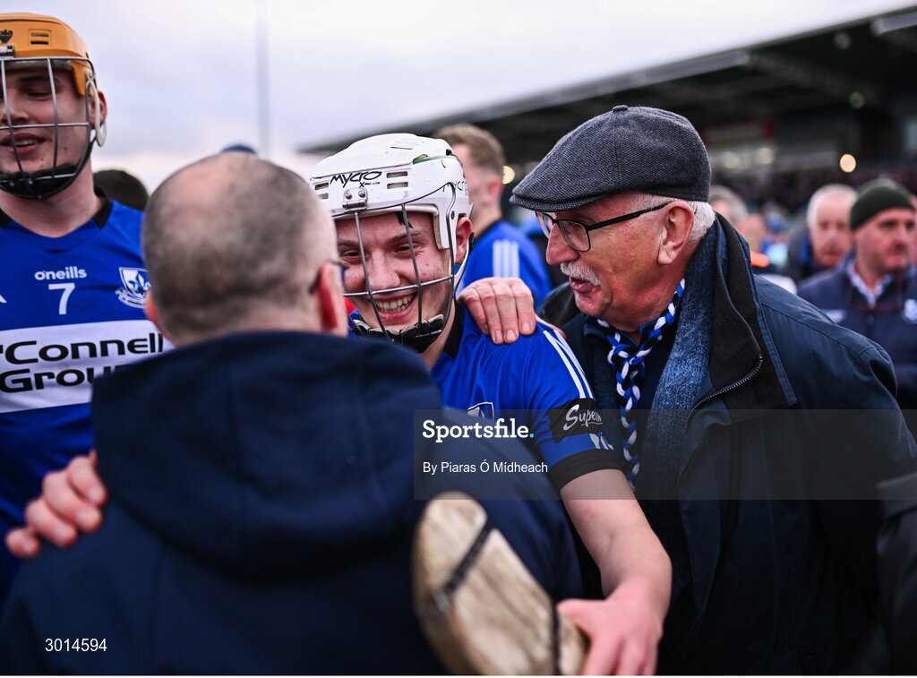 15 December 2024; Colm McCarthy of Sarsfields celebrates with supporters after his side's victory the AIB GAA Hurling All-Ireland Senior Club Championship semi-final match between Sarsfields of Cork and Slaughtneil of Derry at Cedral St Conleth's Park in Newbridge, Kildare. Photo by Piaras Ó Mídheach/Sportsfile