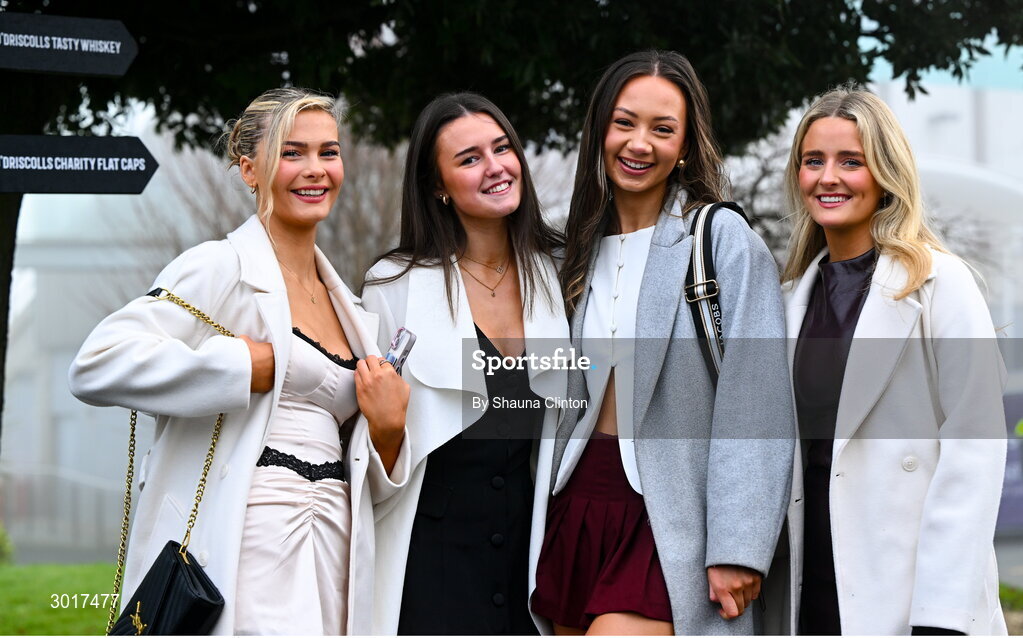 26 December 2024; Racegoers, from left, Sarah McDonald, Ava Fitzgerald, Aine Cragg and Áva McGarron from Dublin on day one of the Leopardstown Christmas Festival at Leopardstown Racecourse in Dublin. Photo by Shauna Clinton/Sportsfile