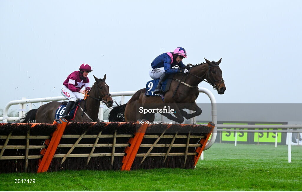 26 December 2024; Kopek Des Bordes, with Patrick Mullins up, right, jumps on the last on his way to winning The TRI Equestrian Maiden Hurdle on day one of the Leopardstown Christmas Festival at Leopardstown Racecourse in Dublin. Photo by Shauna Clinton/Sportsfile