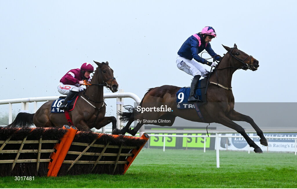 26 December 2024; Kopek Des Bordes, with Patrick Mullins up, right, clears the last on his way to winning The TRI Equestrian Maiden Hurdle on day one of the Leopardstown Christmas Festival at Leopardstown Racecourse in Dublin. Photo by Shauna Clinton/Sportsfile