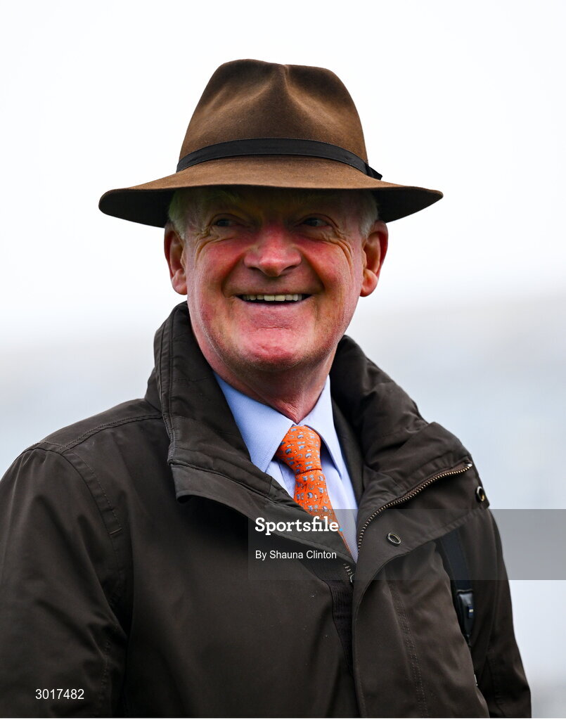 26 December 2024; Trainer Willie Mullins celebrates in the parade ring after he sent out Kopek Des Bordes to win The TRI Equestrian Maiden Hurdle on day one of the Leopardstown Christmas Festival at Leopardstown Racecourse in Dublin. Photo by Shauna Clinton/Sportsfile