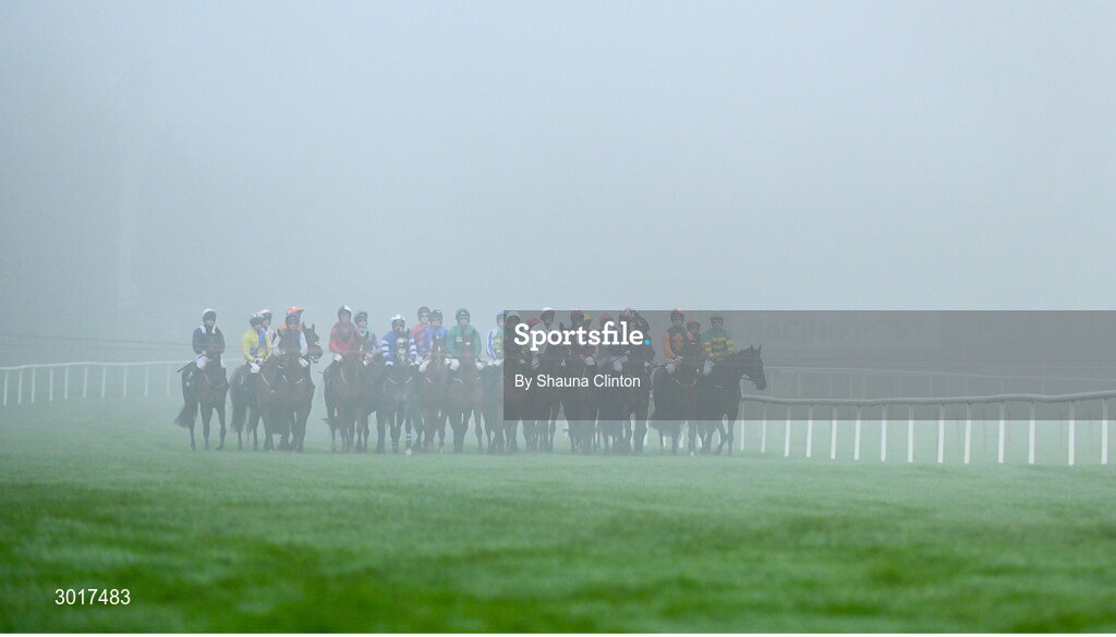 26 December 2024; Horses lineup before the start of the The TRI Equestrian Maiden Hurdle race on day one of the Leopardstown Christmas Festival at Leopardstown Racecourse in Dublin. Photo by Shauna Clinton/Sportsfile