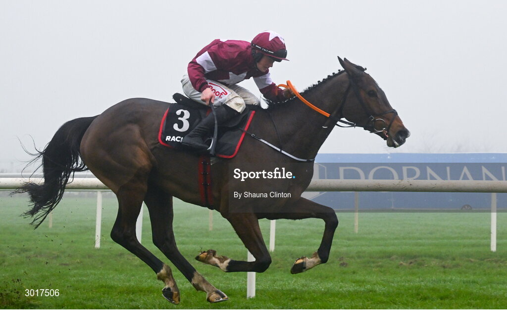 26 December 2024; Croke Park, with Sam Ewing up, crosses the finish line to win The Racing Post Long Distance Novice Steeplechase race on day one of the Leopardstown Christmas Festival at Leopardstown Racecourse in Dublin. Photo by Shauna Clinton/Sportsfile