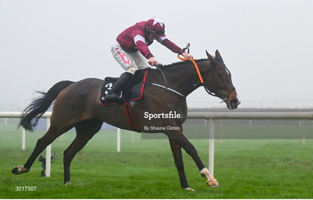 26 December 2024; Croke Park, with Sam Ewing up, crosses the finish line to win The Racing Post Long Distance Novice Steeplechase race on day one of the Leopardstown Christmas Festival at Leopardstown Racecourse in Dublin. Photo by Shauna Clinton/Sportsfile