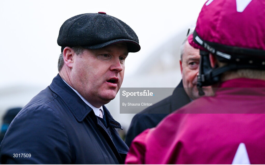 26 December 2024; Trainer Gordon Elliott speaks to jockey Sam Ewing after after he sent out Croke Park to win the The Racing Post Long Distance Novice Steeplechase race on day one of the Leopardstown Christmas Festival at Leopardstown Racecourse in Dublin. Photo by Shauna Clinton/Sportsfile
