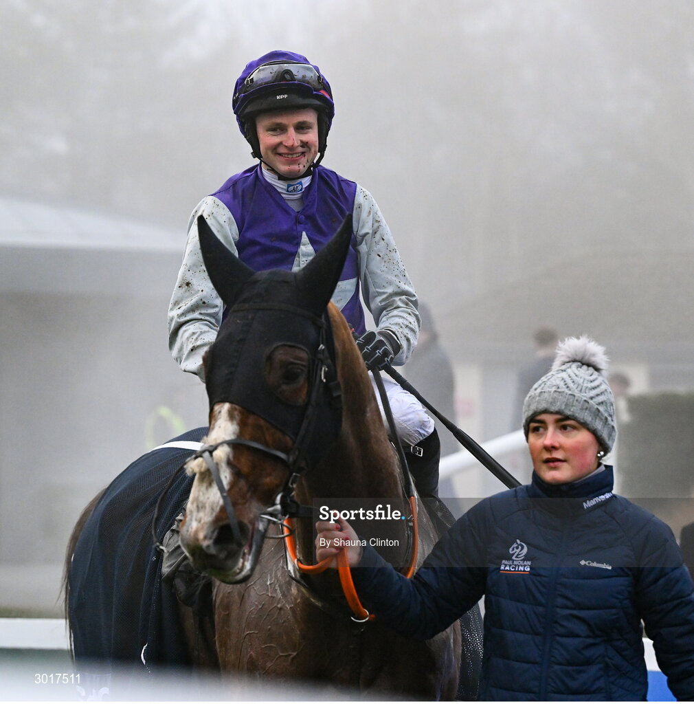 26 December 2024; Jockey Sean O'Keeffe after winning the The Racing Post Handicap Steeplechase race on An Peann Dearg on day one of the Leopardstown Christmas Festival at Leopardstown Racecourse in Dublin. Photo by Shauna Clinton/Sportsfile