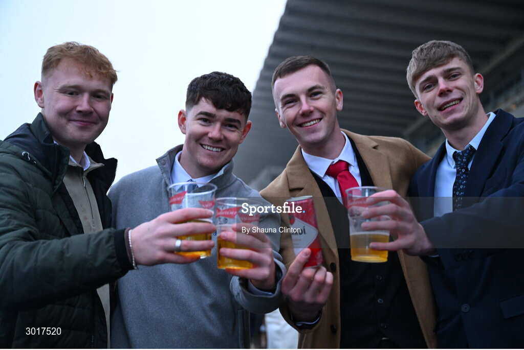 26 December 2024; Racegoers, from left, Zach Collins, Finn Richardson, Sam Quinn and Phillip Jacob on day one of the Leopardstown Christmas Festival at Leopardstown Racecourse in Dublin. Photo by Shauna Clinton/Sportsfile