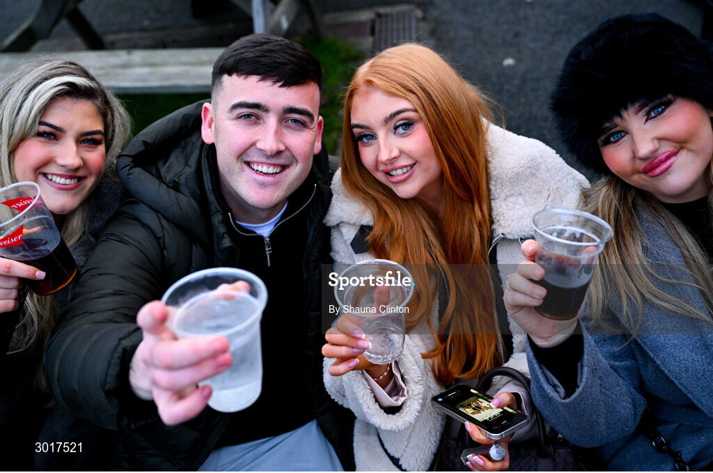 26 December 2024; Racegoers, from left, Rebecca Doyle, Robert Lambert, Emma Wilson and Alannah Anderson from Dublin on day one of the Leopardstown Christmas Festival at Leopardstown Racecourse in Dublin. Photo by Shauna Clinton/Sportsfile