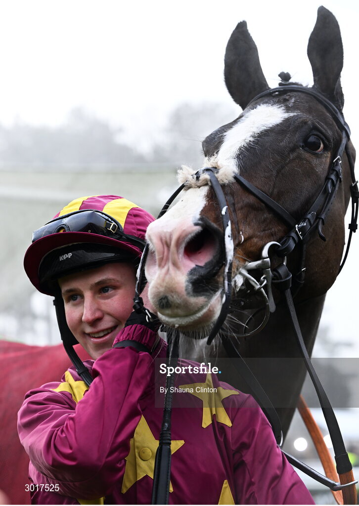 26 December 2024; Mike O'Connor with Workahead after winning The Thorntons Recycling Maiden Hurdle race on day one of the Leopardstown Christmas Festival at Leopardstown Racecourse in Dublin. Photo by Shauna Clinton/Sportsfile