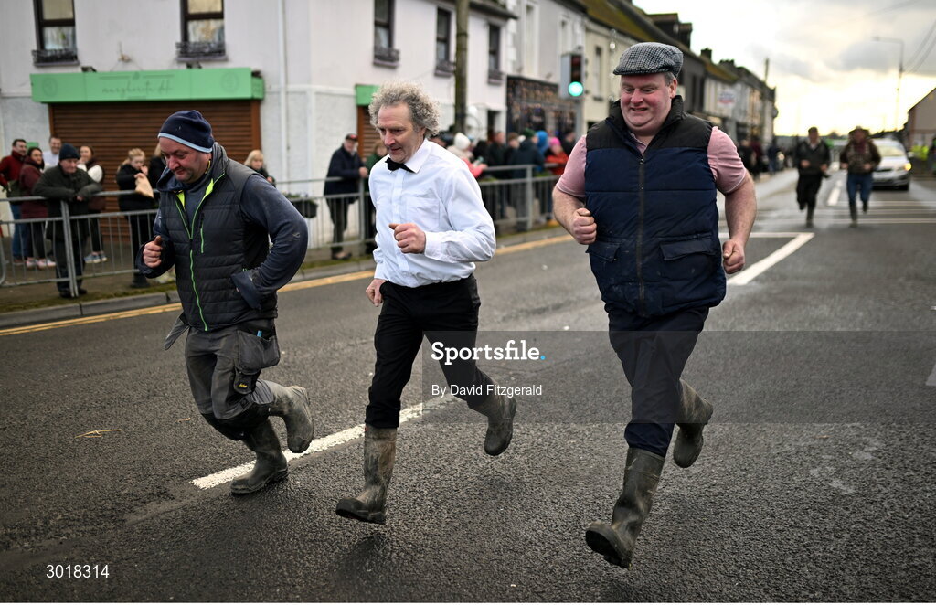 1 January 2025; Participants during the 45th annual Castlecomer Wellie Race in Castlecomer, Kilkenny, ran in aid of a number of local and national charities. Originally started in 1978, the local men decided to run off the Christmas excess by having a race over a cross country circuit. Not being the type of men that would be seen in a pair of proper running shoes, let alone actually own a pair, the most obvious footwear for this type of event was wellingtons. The event also includes a parade and family entertainment throughout the day in Castlecomer. Photo by David Fitzgerald/Sportsfile
