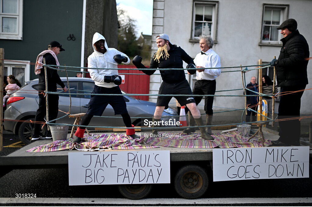 1 January 2025; Entertainers as part of the parade before the 45th annual Castlecomer Wellie Race in Castlecomer, Kilkenny, ran in aid of a number of local and national charities. Originally started in 1978, the local men decided to run off the Christmas excess by having a race over a cross country circuit. Not being the type of men that would be seen in a pair of proper running shoes, let alone actually own a pair, the most obvious footwear for this type of event was wellingtons. The event also includes a parade and family entertainment throughout the day in Castlecomer. Photo by David Fitzgerald/Sportsfile