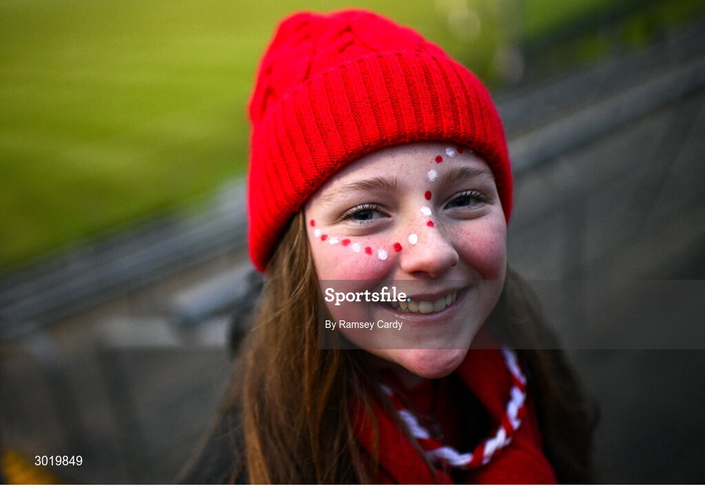 11 January 2025; Cuala supporter Freya Brooks, age 12, before the AIB GAA Football All-Ireland Senior Club Championship semi-final match between Coolera-Strandhill and Cuala at Kingspan Breffni Park in Cavan. Photo by Ramsey Cardy/Sportsfile