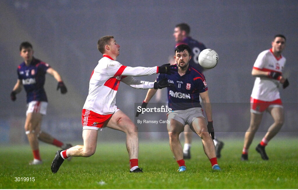 11 January 2025; Peter Laffey of Coolera-Strandhill in action against Conor O'Brien of Cuala during the AIB GAA Football All-Ireland Senior Club Championship semi-final match between Coolera-Strandhill and Cuala at Kingspan Breffni Park in Cavan. Photo by Ramsey Cardy/Sportsfile