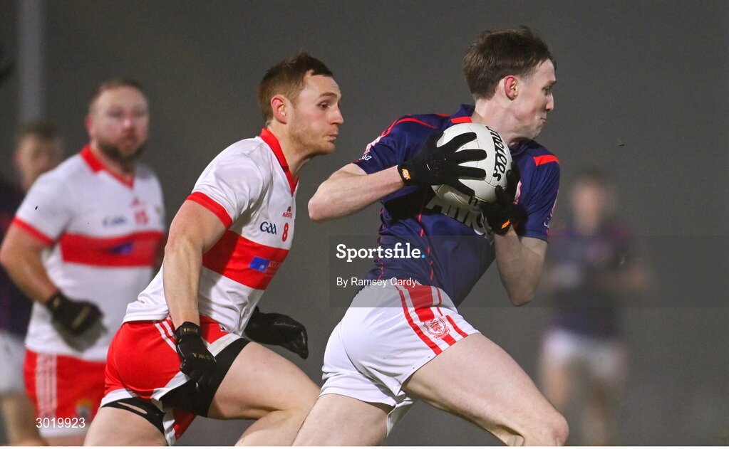 11 January 2025; Eoin Kennedy of Cuala in action against Kevin Banks of Coolera-Strandhill during the AIB GAA Football All-Ireland Senior Club Championship semi-final match between Coolera-Strandhill and Cuala at Kingspan Breffni Park in Cavan. Photo by Ramsey Cardy/Sportsfile