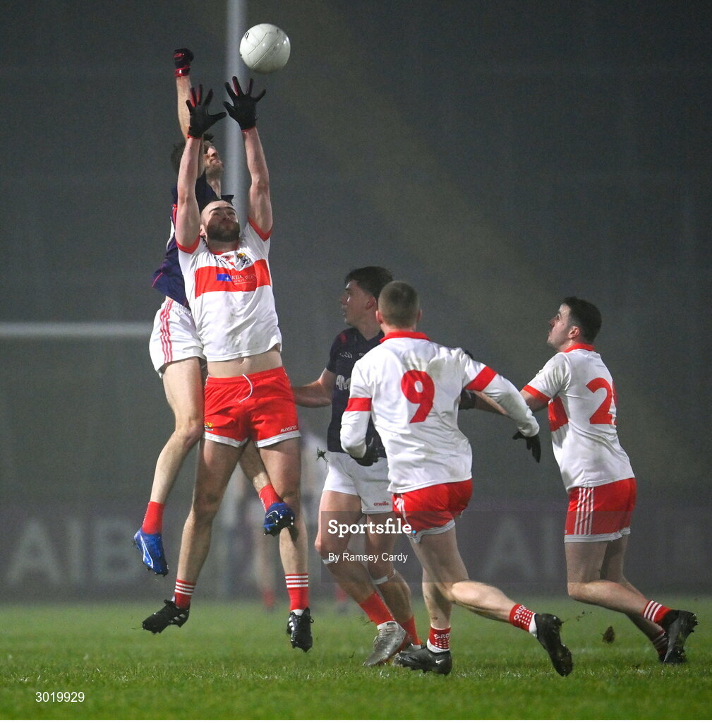 11 January 2025; Leo Doherty of Coolera-Strandhill in action against Cillian Dunne of Cuala during the AIB GAA Football All-Ireland Senior Club Championship semi-final match between Coolera-Strandhill and Cuala at Kingspan Breffni Park in Cavan. Photo by Ramsey Cardy/Sportsfile