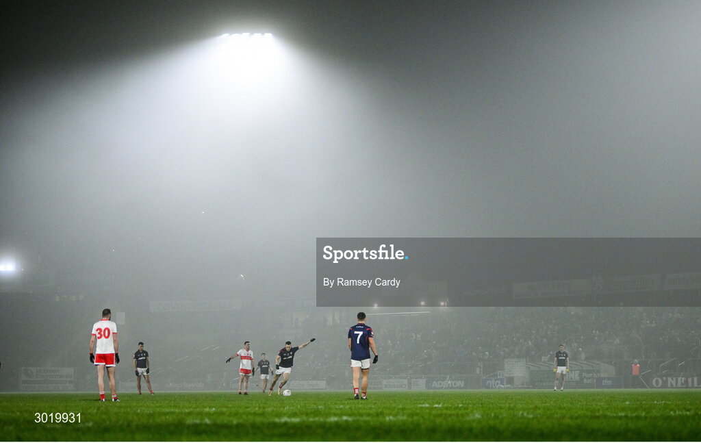 11 January 2025; Con O'Callaghan of Cuala kicks a free during the AIB GAA Football All-Ireland Senior Club Championship semi-final match between Coolera-Strandhill and Cuala at Kingspan Breffni Park in Cavan. Photo by Ramsey Cardy/Sportsfile