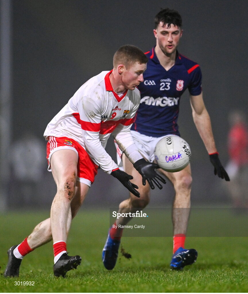 11 January 2025; Peter Laffey of Coolera-Strandhill in action against Cillian Dunne of Cuala during the AIB GAA Football All-Ireland Senior Club Championship semi-final match between Coolera-Strandhill and Cuala at Kingspan Breffni Park in Cavan. Photo by Ramsey Cardy/Sportsfile