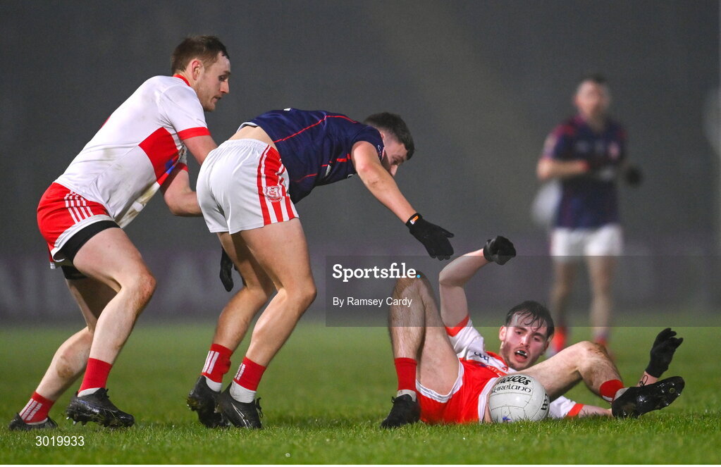 11 January 2025; Oran Harte, right, supported by Coolera-Strandhill teammate Kevin Banks in action against David O'Dowd of Cuala during the AIB GAA Football All-Ireland Senior Club Championship semi-final match between Coolera-Strandhill and Cuala at Kingspan Breffni Park in Cavan. Photo by Ramsey Cardy/Sportsfile