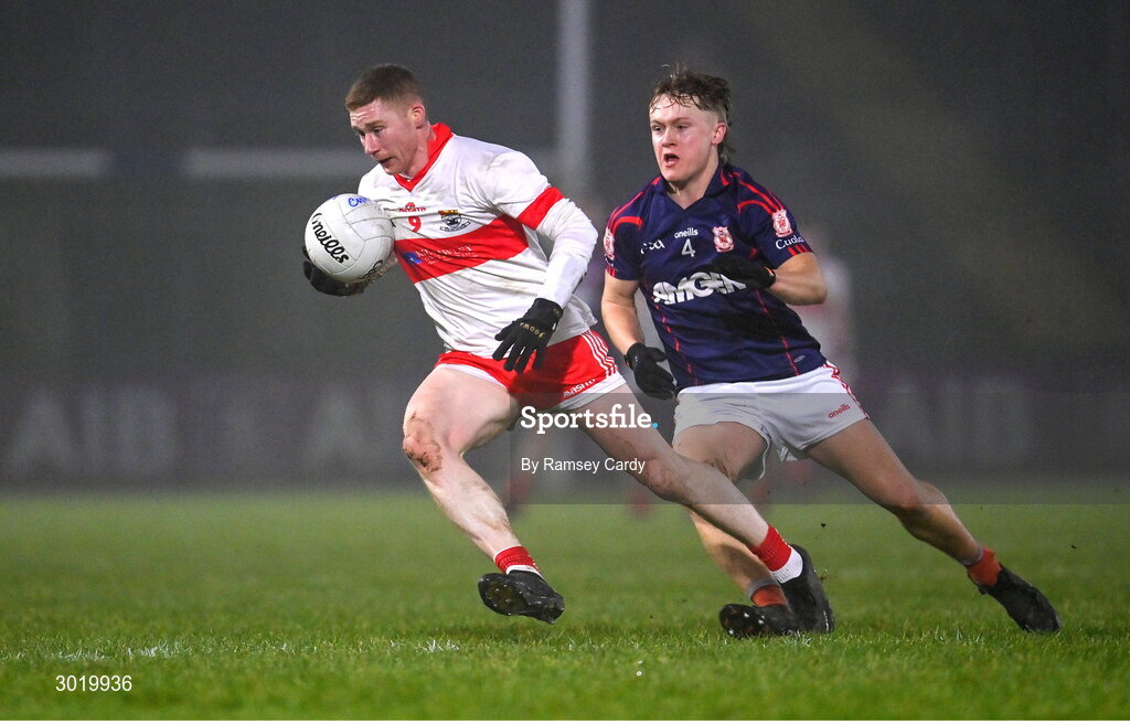 11 January 2025; Peter Laffey of Coolera-Strandhill in action against Eoghan O'Callaghan of Cuala during the AIB GAA Football All-Ireland Senior Club Championship semi-final match between Coolera-Strandhill and Cuala at Kingspan Breffni Park in Cavan. Photo by Ramsey Cardy/Sportsfile