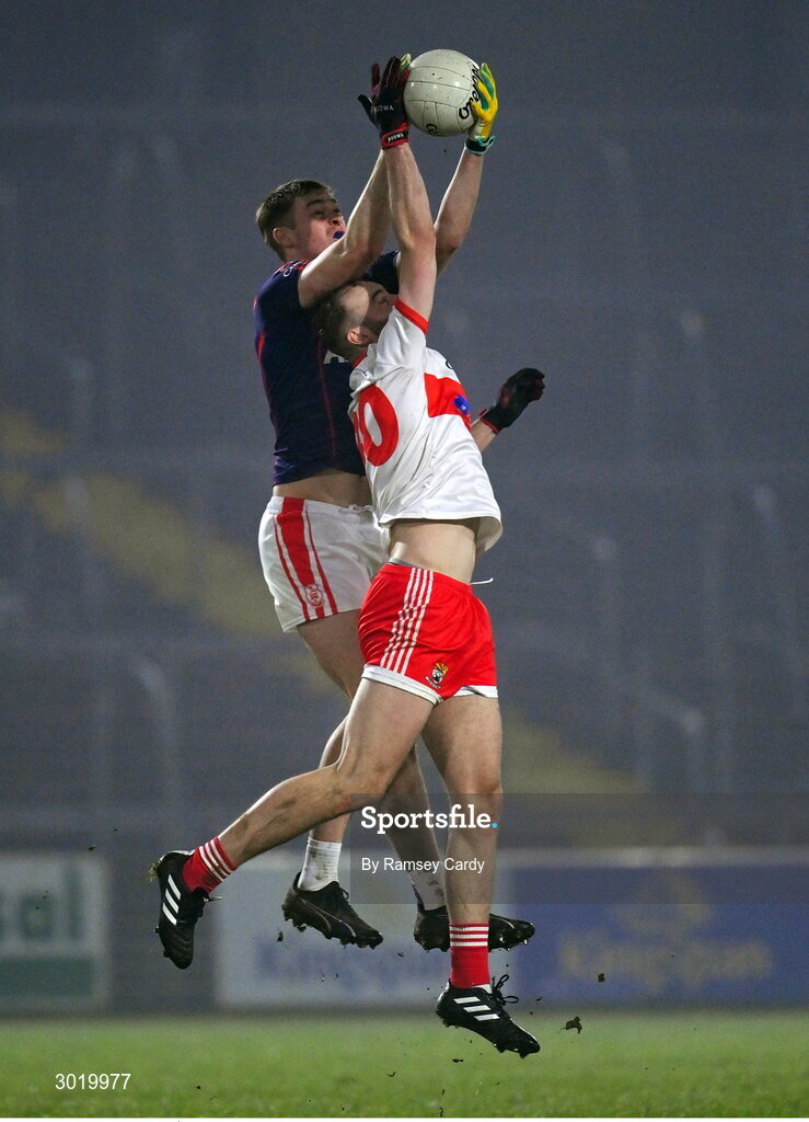 11 January 2025; Peadar Ó Cofaigh Byrne of Cuala in action against Leo Doherty of Coolera-Strandhill during the AIB GAA Football All-Ireland Senior Club Championship semi-final match between Coolera-Strandhill and Cuala at Kingspan Breffni Park in Cavan. Photo by Ramsey Cardy/Sportsfile