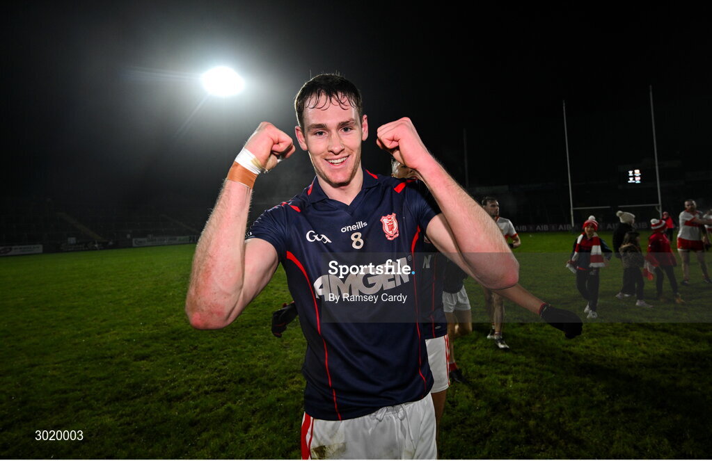 11 January 2025; Peadar Ó Cofaigh Byrne of Cuala celebrates after his side's victory in the AIB GAA Football All-Ireland Senior Club Championship semi-final match between Coolera-Strandhill and Cuala at Kingspan Breffni Park in Cavan. Photo by Ramsey Cardy/Sportsfile