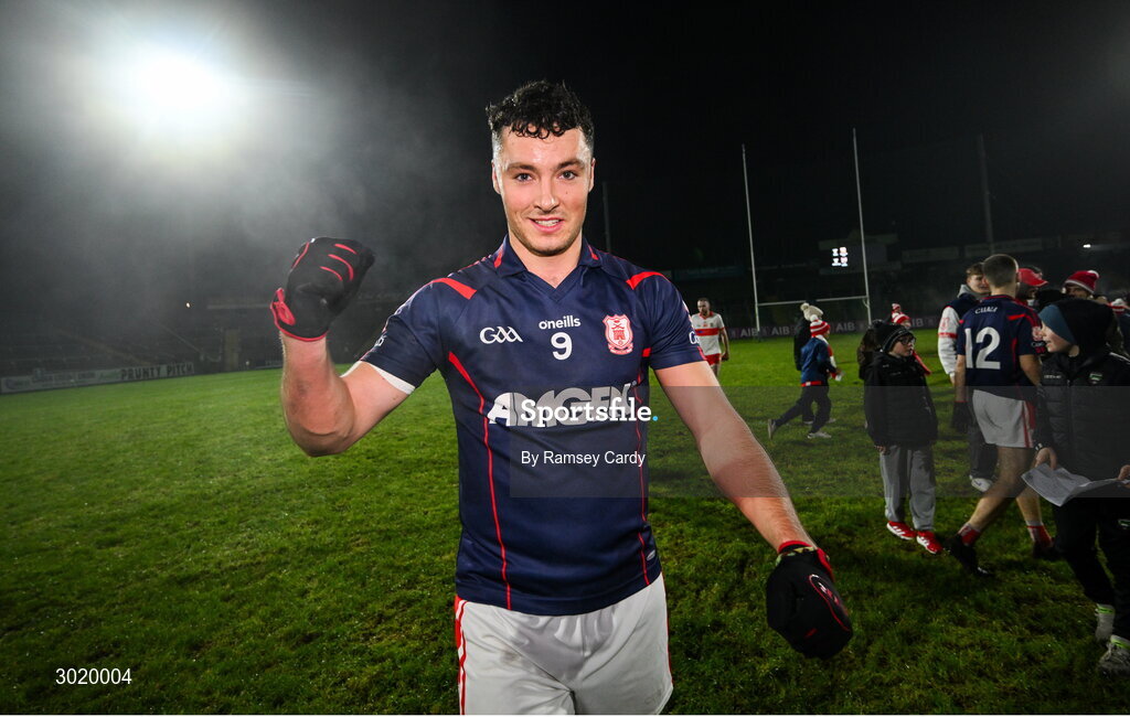 11 January 2025; Peter Duffy of Cuala celebrates after his side's victory in the AIB GAA Football All-Ireland Senior Club Championship semi-final match between Coolera-Strandhill and Cuala at Kingspan Breffni Park in Cavan. Photo by Ramsey Cardy/Sportsfile