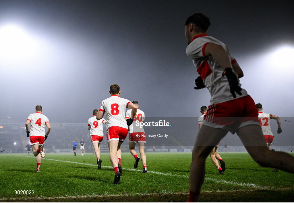 11 January 2025; Coolera-Strandhill players run onto the pitch during the AIB GAA Football All-Ireland Senior Club Championship semi-final match between Coolera-Strandhill and Cuala at Kingspan Breffni Park in Cavan. Photo by Ramsey Cardy/Sportsfile