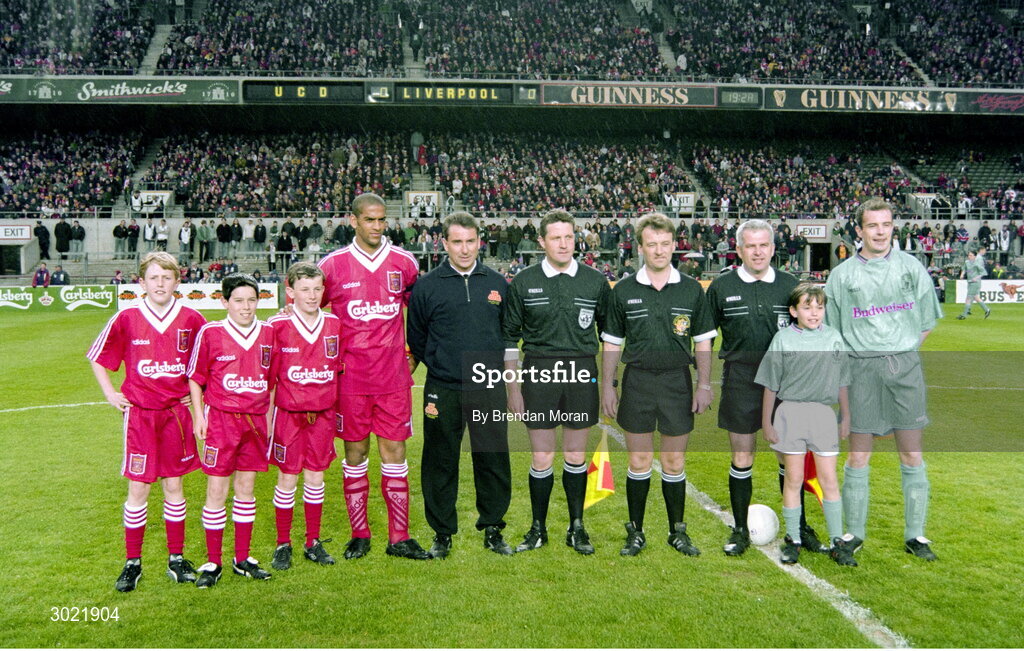 16 May 1995; The team captains photographed with the referee and his officials before the pre-season friendly match between UCD and Liverpool at Lansdowne Road in Dublin. Photo By Brendan Moran/Sportsfile