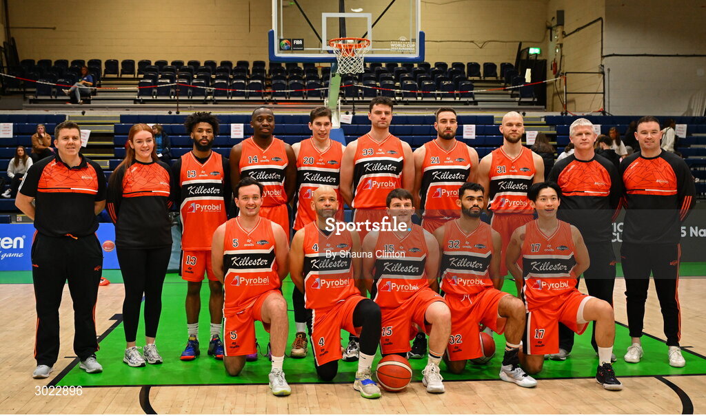 18 January 2025; The Killester squad pose for a team photograph before the Basketball Ireland Men's Pat Duffy National Cup final match between Killester and UCC Demons at the National Basketball Arena in Tallaght, Dublin. Photo by Shauna Clinton/Sportsfile