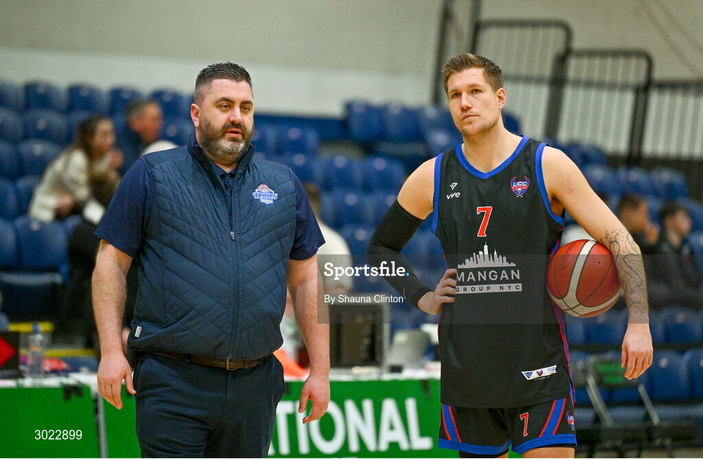 18 January 2025; UCC Demons coach Danny O'Mahony speaks to player Tobias Christensen before the Basketball Ireland Men's Pat Duffy National Cup final match between Killester and UCC Demons at the National Basketball Arena in Tallaght, Dublin. Photo by Shauna Clinton/Sportsfile