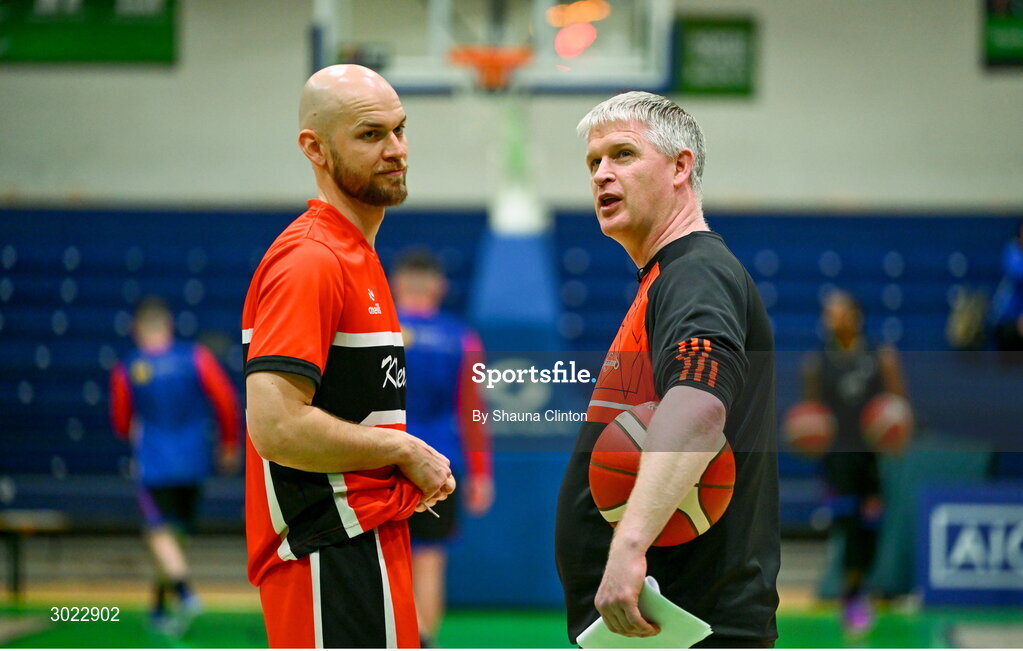 18 January 2025; Killester coach Jonny Grennell speaks to player Paul Dick before the Basketball Ireland Men's Pat Duffy National Cup final match between Killester and UCC Demons at the National Basketball Arena in Tallaght, Dublin. Photo by Shauna Clinton/Sportsfile